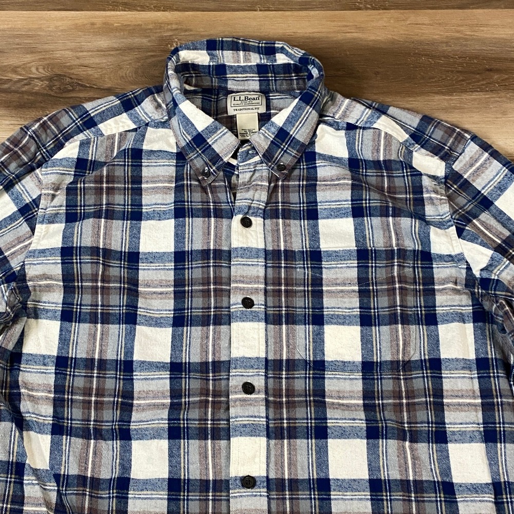 LL Bean Men XL Traditional Fit Plaid Flannel Shirt Blue Brown 228061 Long Sleeve